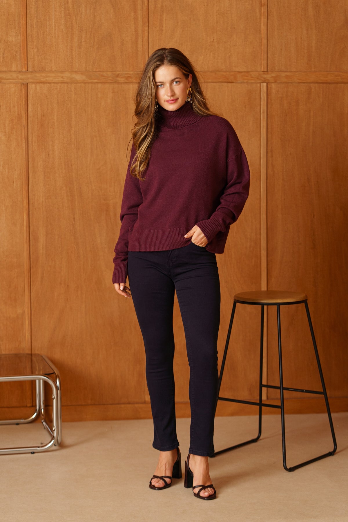 Poppy burgundy polo neck jumper