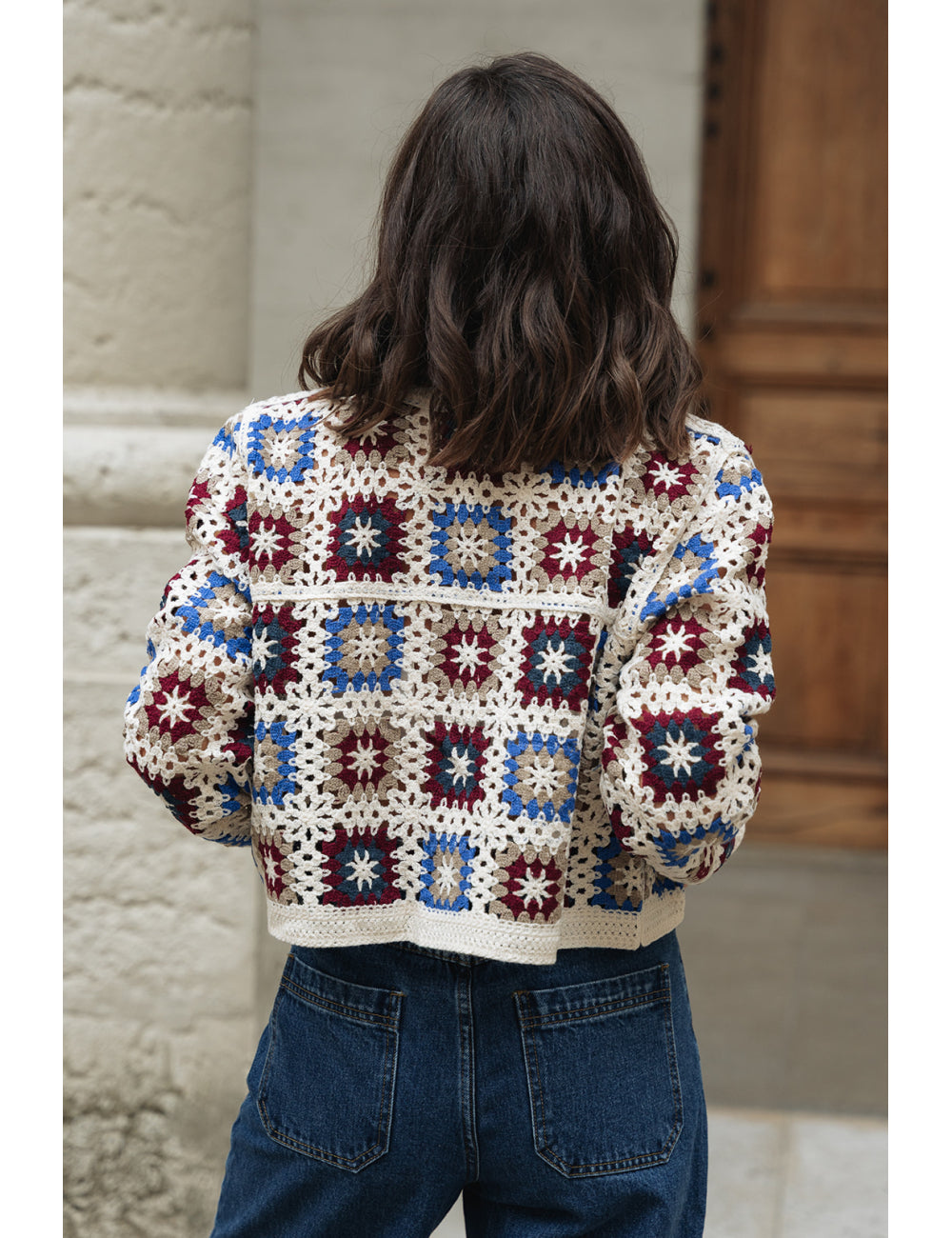 Camille burgundy and blue crochet cardigan