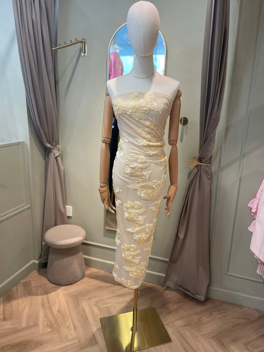 Eleanor floral strapless embroidery butter yellow dress