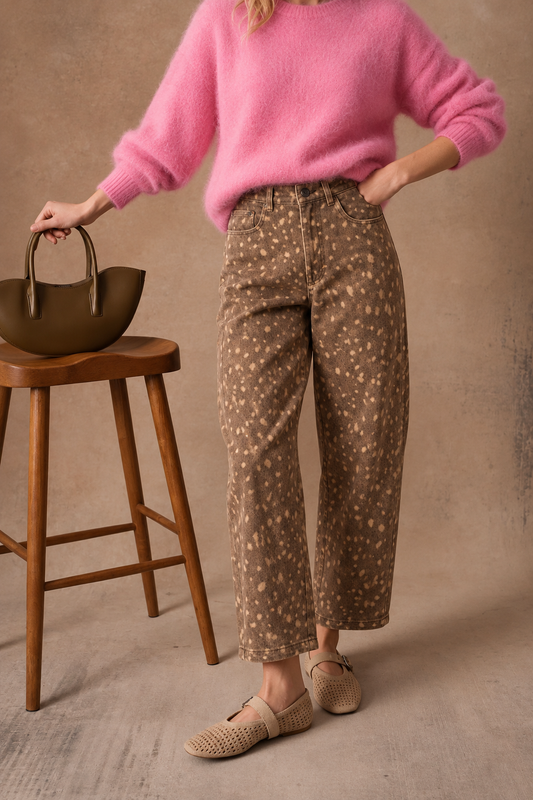 Odette Bambi deer print barrel leg jeans