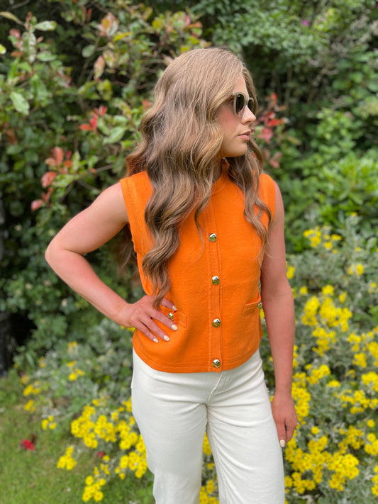 Marie orange gilet with gold buttons