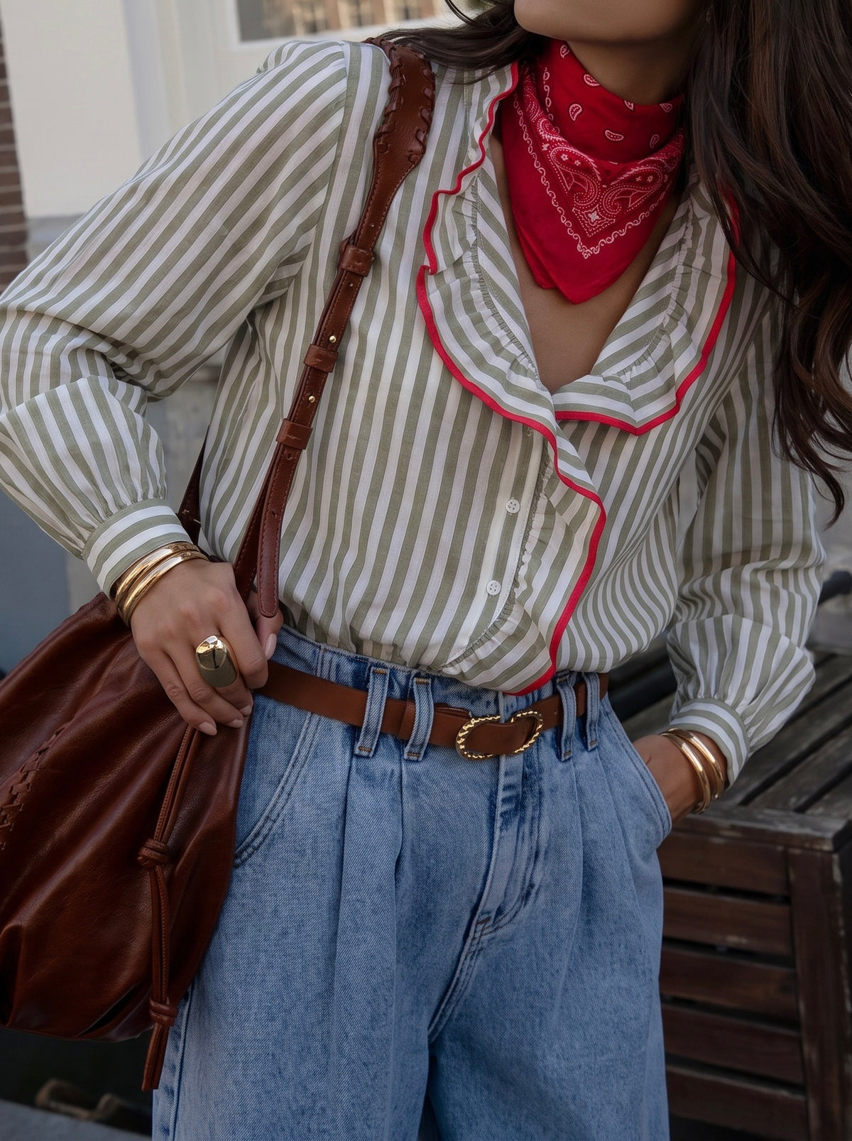 Kendal green stripe red trim blouse