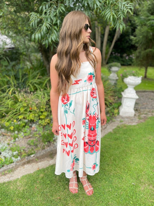 Good food good mood linen strappy dress