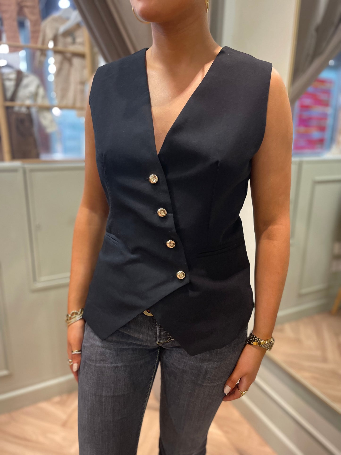 Imelda black waistcoat with gold buttons