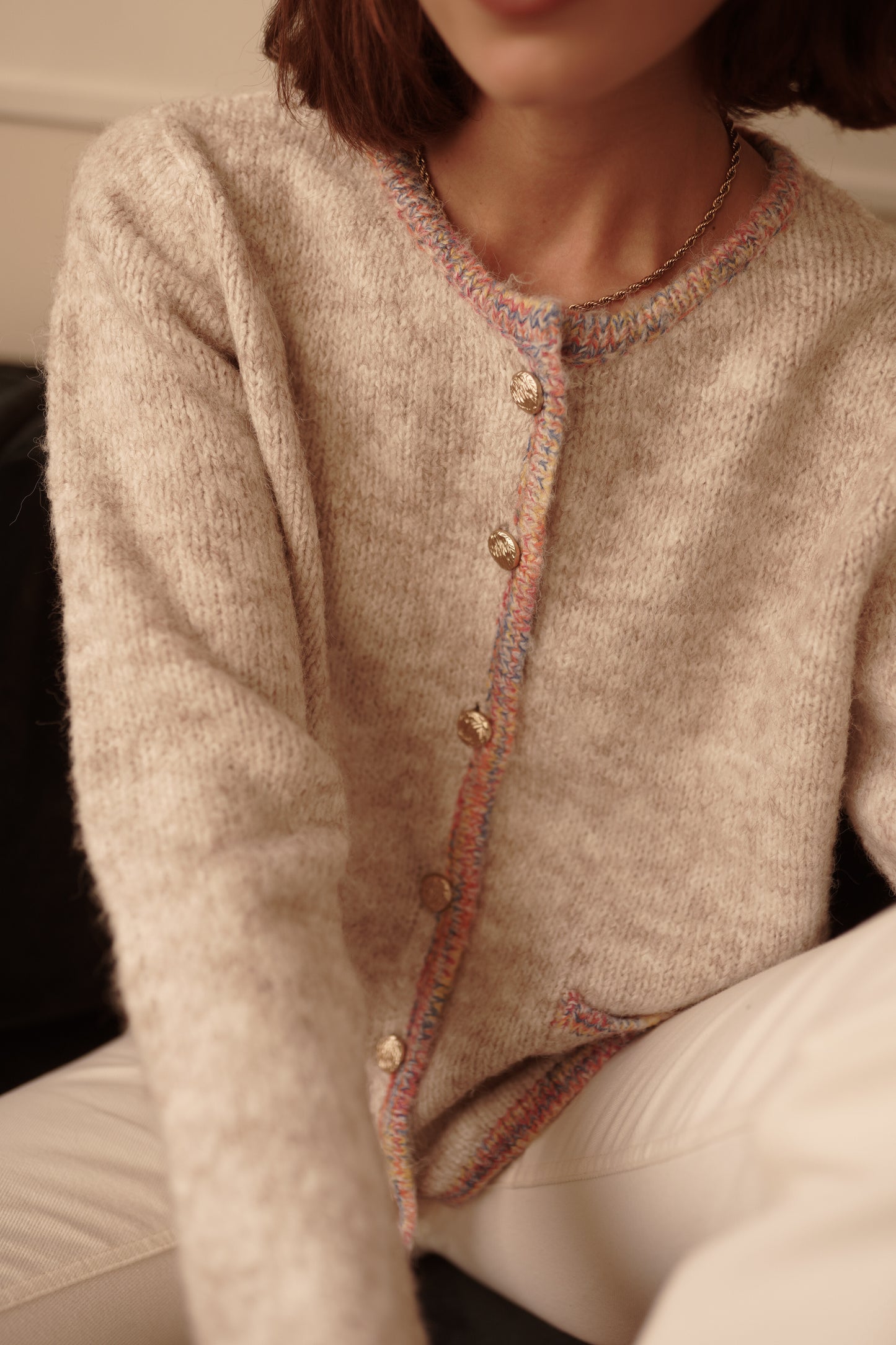 Tilly beige rainbow trim cardigan