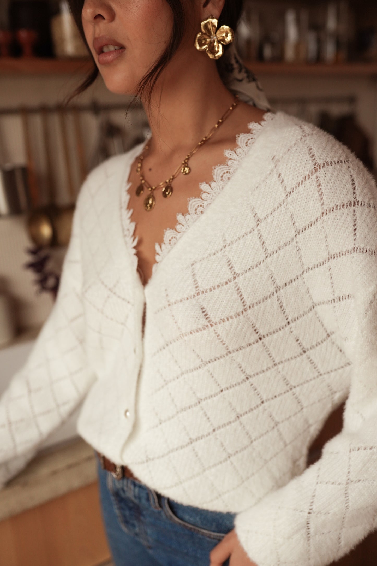 Nola Ivory lace trim v neck jumper