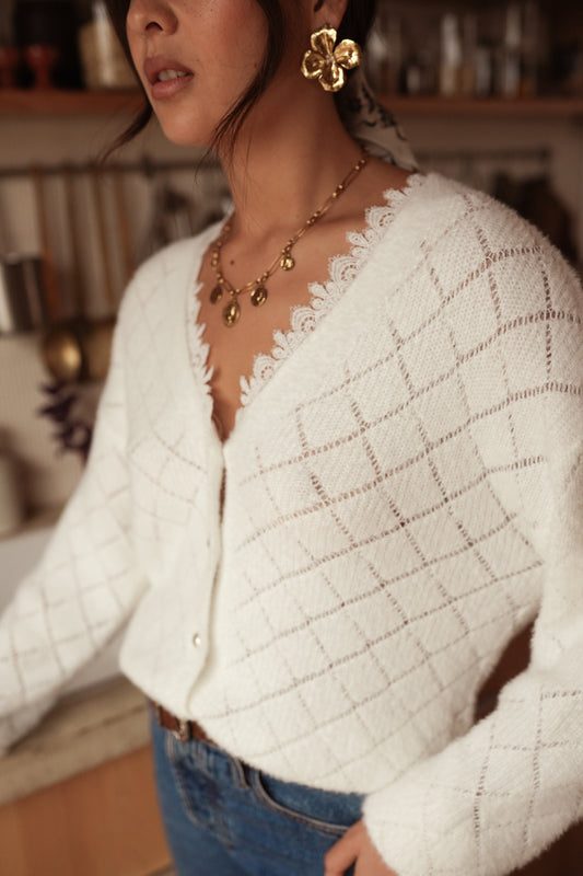 Nola Ivory lace trim v neck jumper