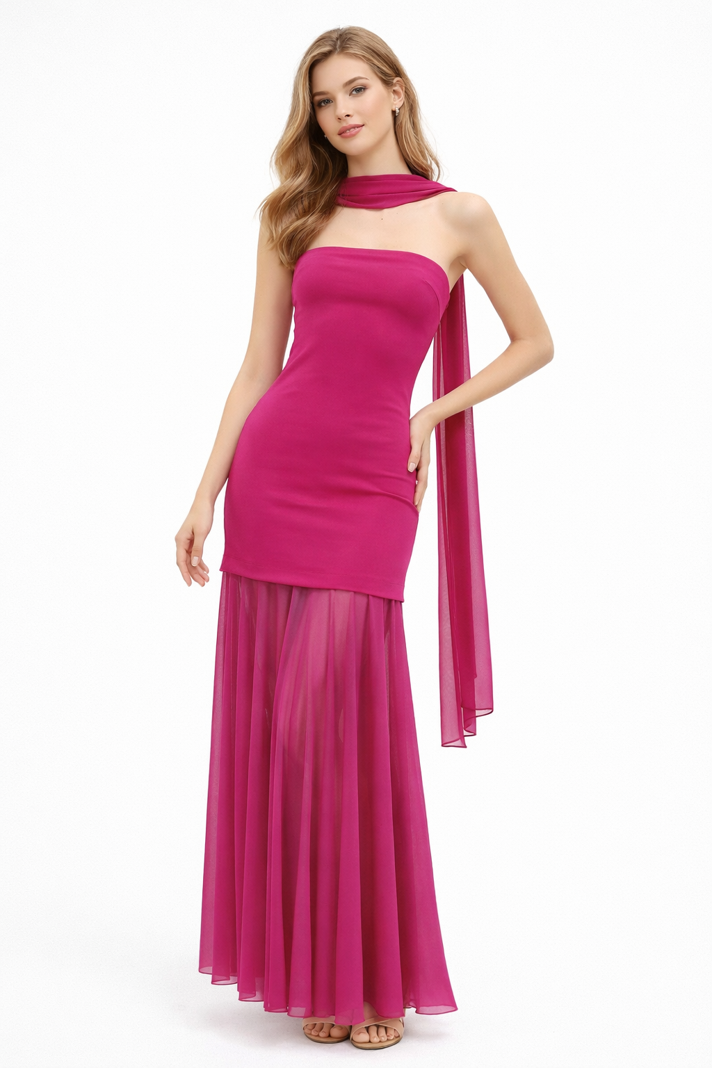 Elodie magenta neck scarf pleated dress