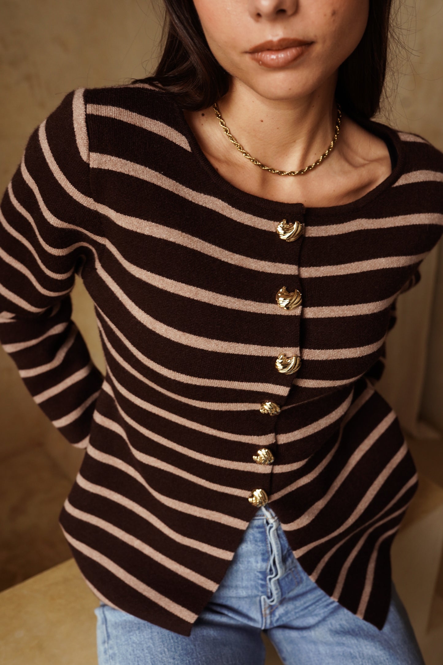 Kylie brown striped gold button cardigan