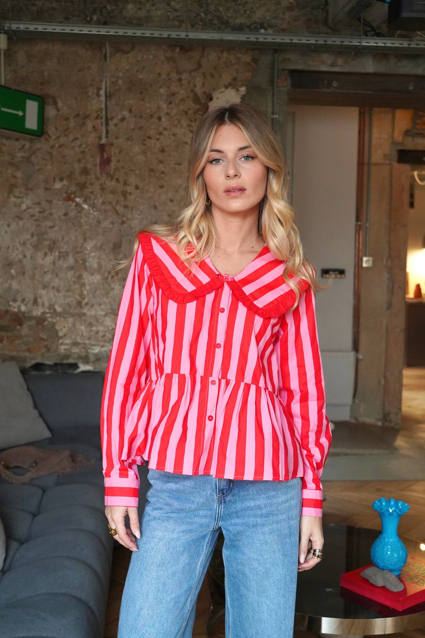 Beth pink & red stripe peplum shirt