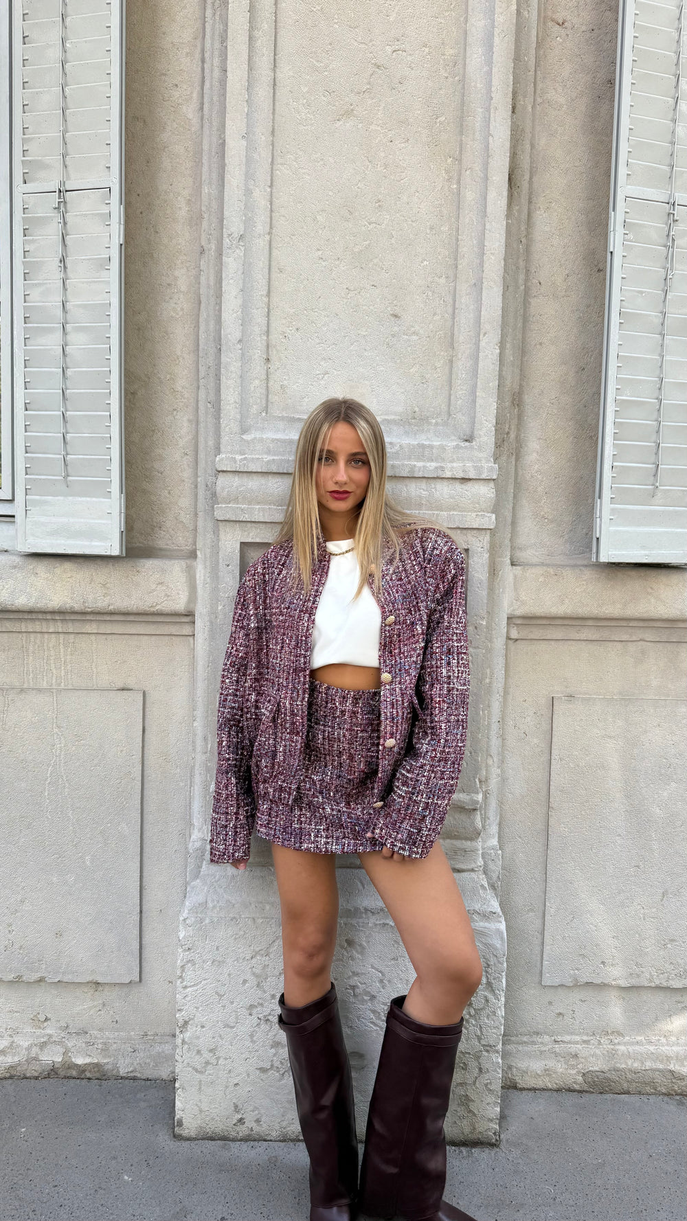 Clara burgundy tweed bomber jacket