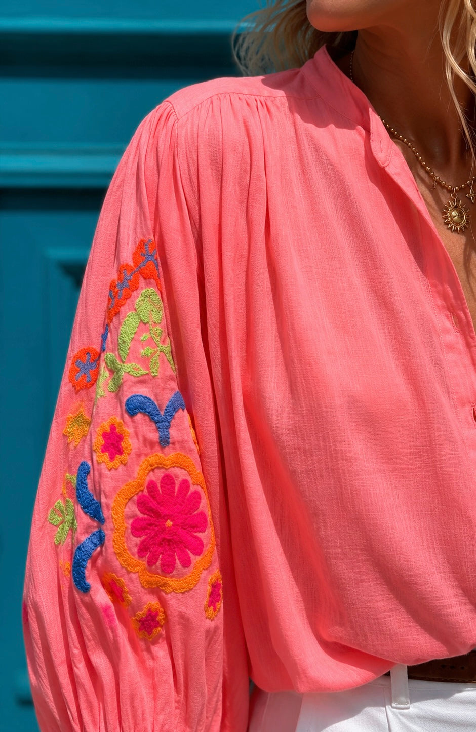 Jackie neon coral embroidery blouse