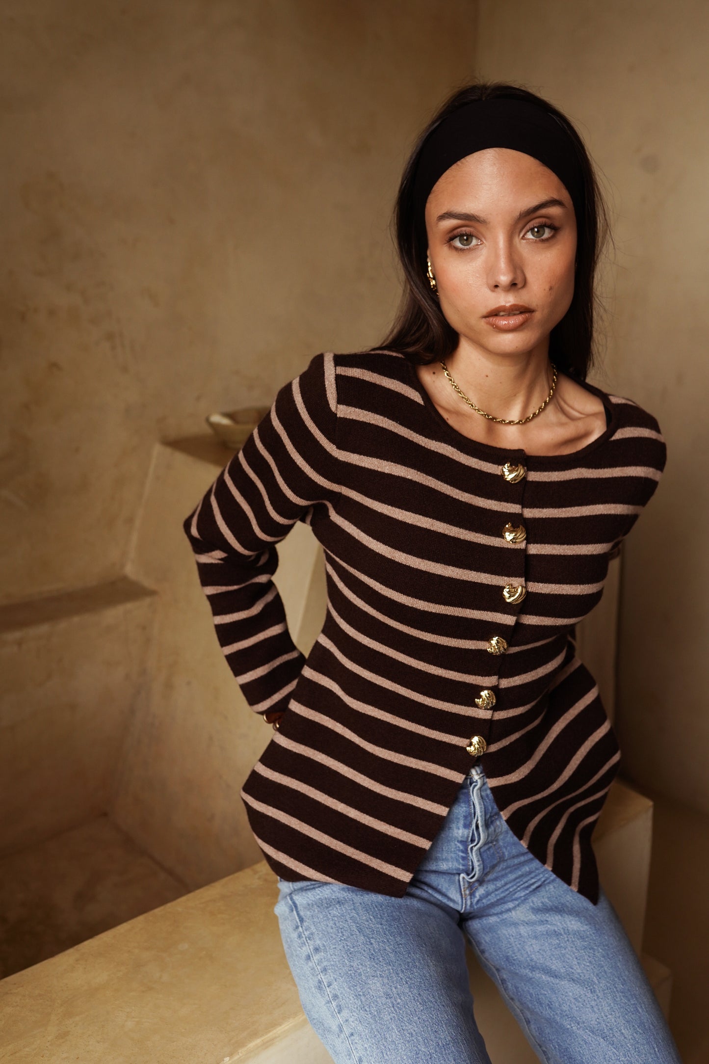 Kylie brown striped gold button cardigan