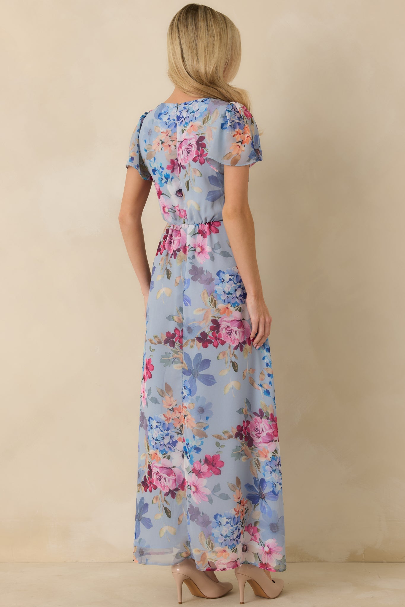 Delicate blues v neck occasion dress