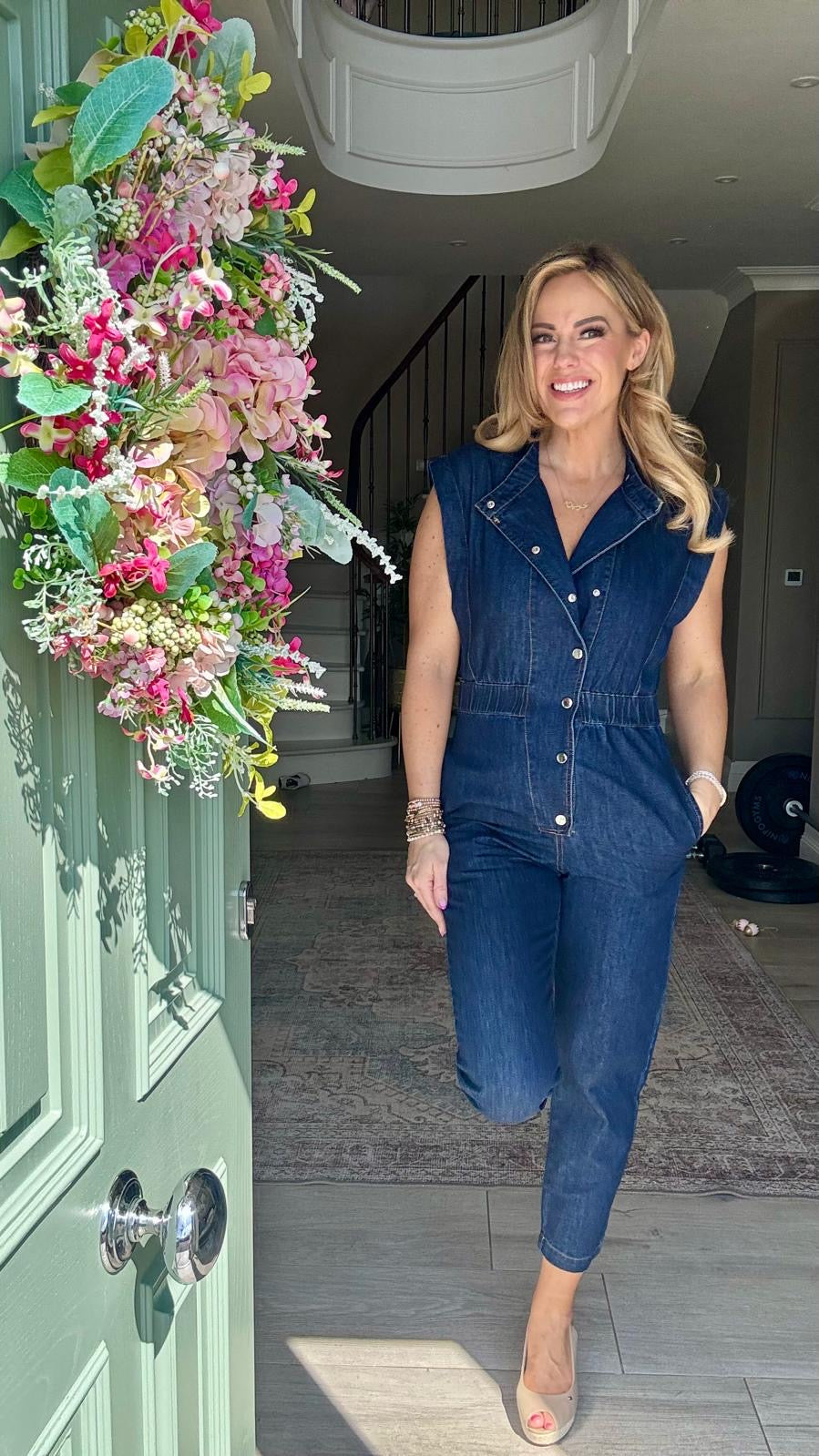 Evie short sleeve dark wash blue denim jumpsuit