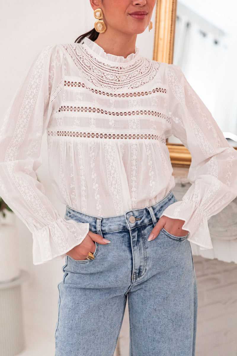 Maude ecru high neck embroidery boho blouse