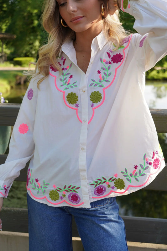 Kylie neon embroidered white shirt