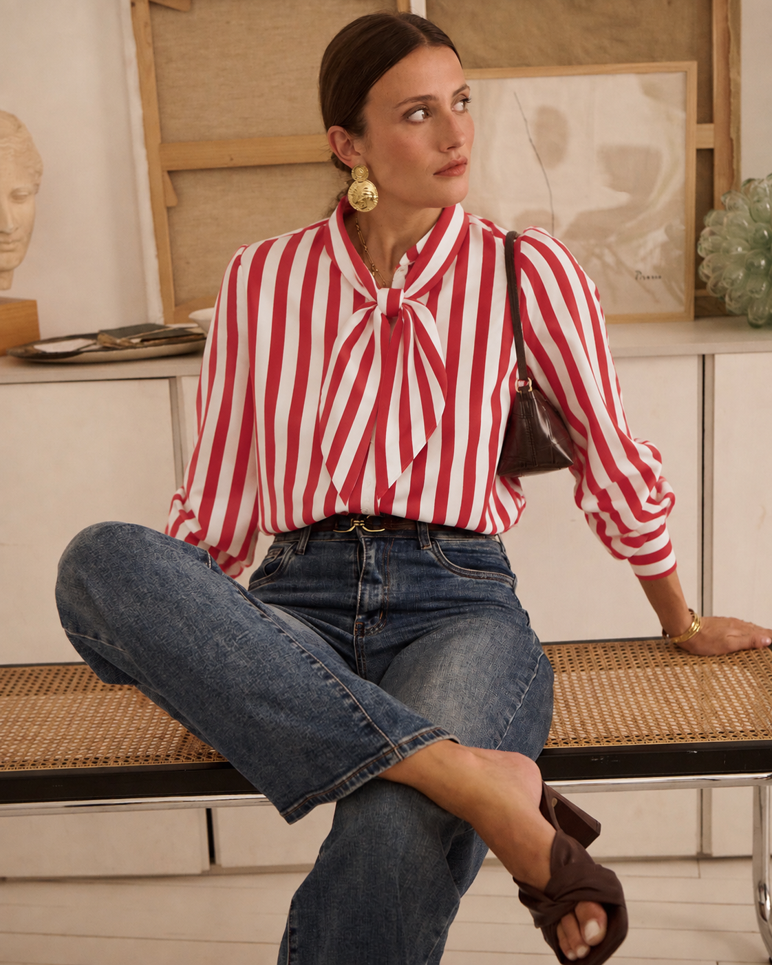Kylie red striped bow blouse