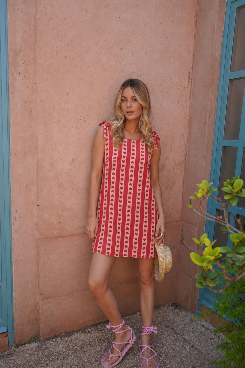 Maggie pink heart print red denim dress
