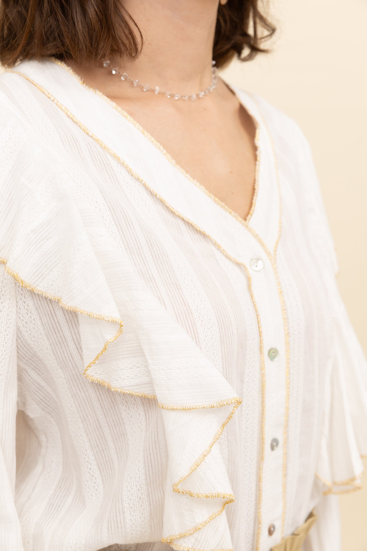 Hazel gold trim white ruffle blouse