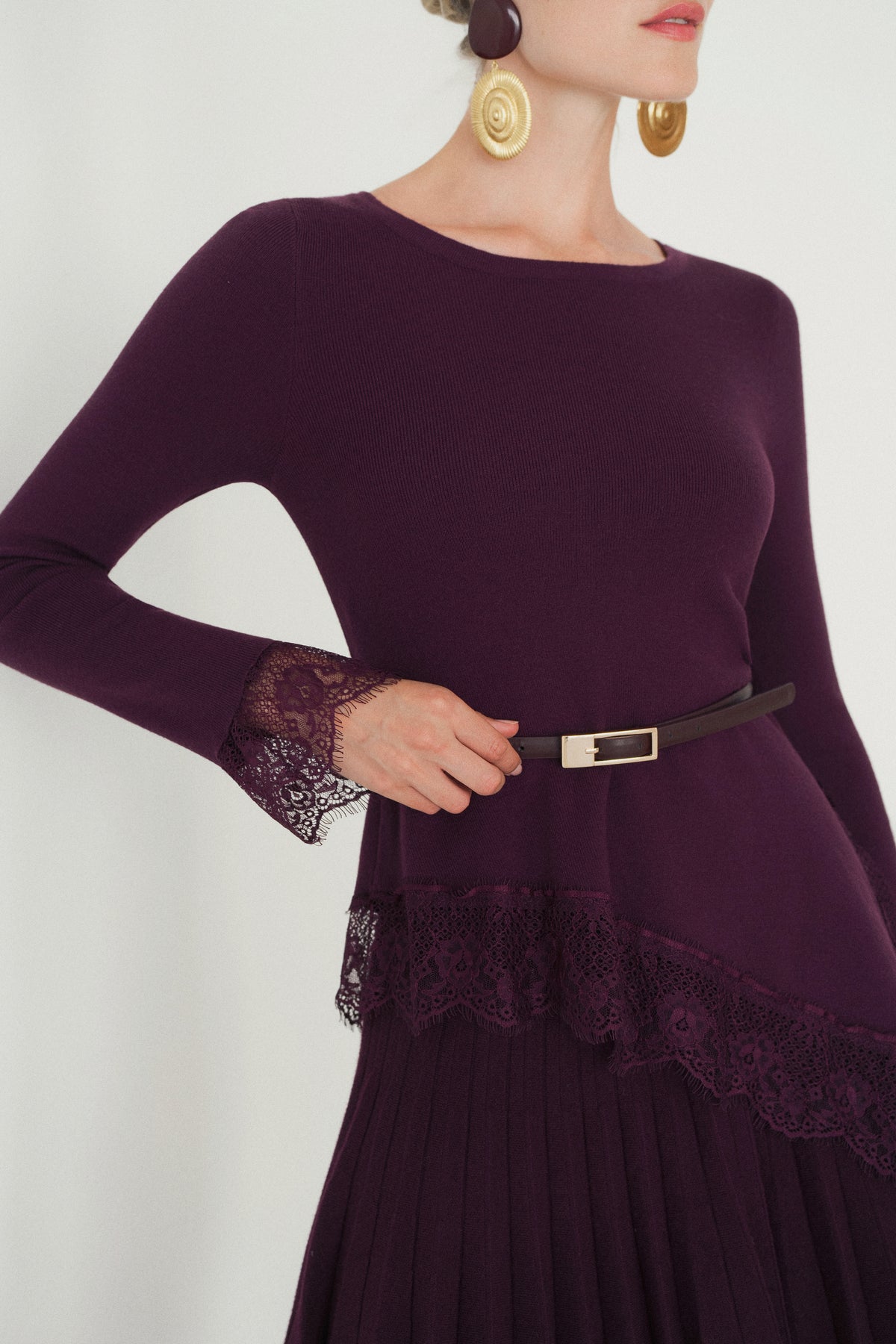 Sabrina burgundy lace trim knit top