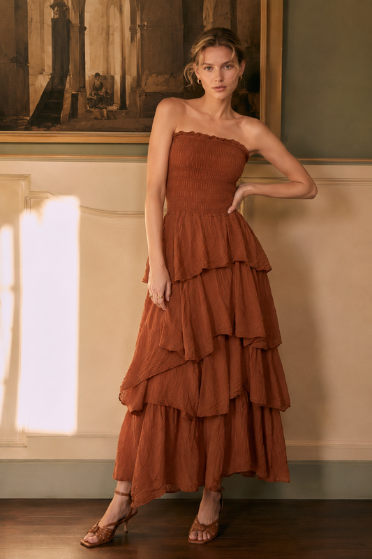 Holly strapless tiered rust dress