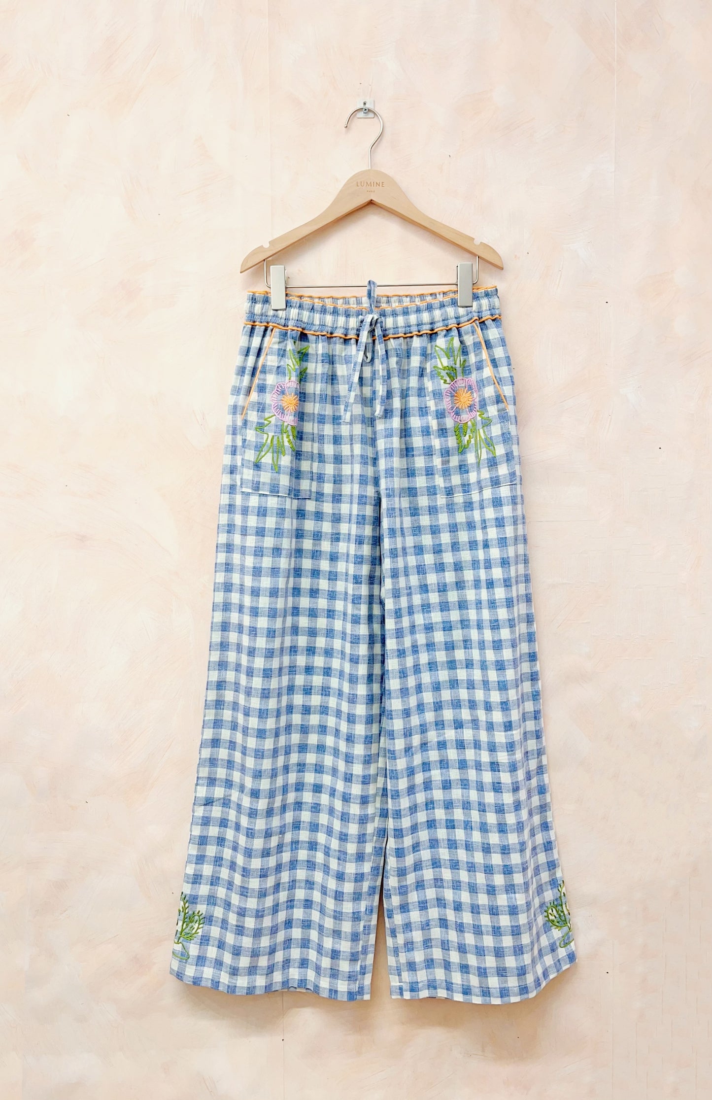Mila blue gingham floral embroidered pants