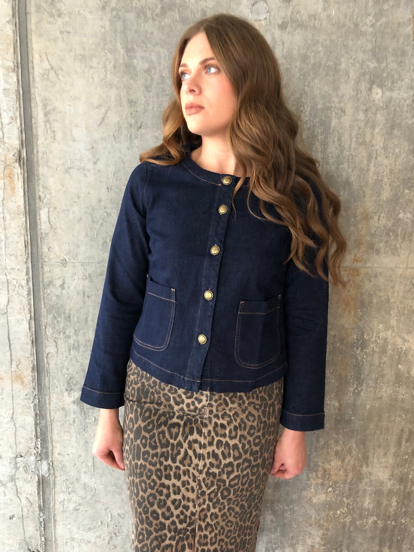 Victoire denim jacket with gold buttons