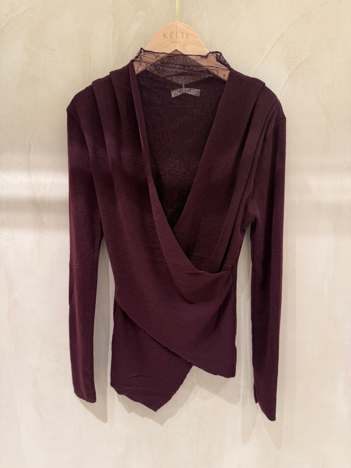 Grace burgundy lace wrap knit top