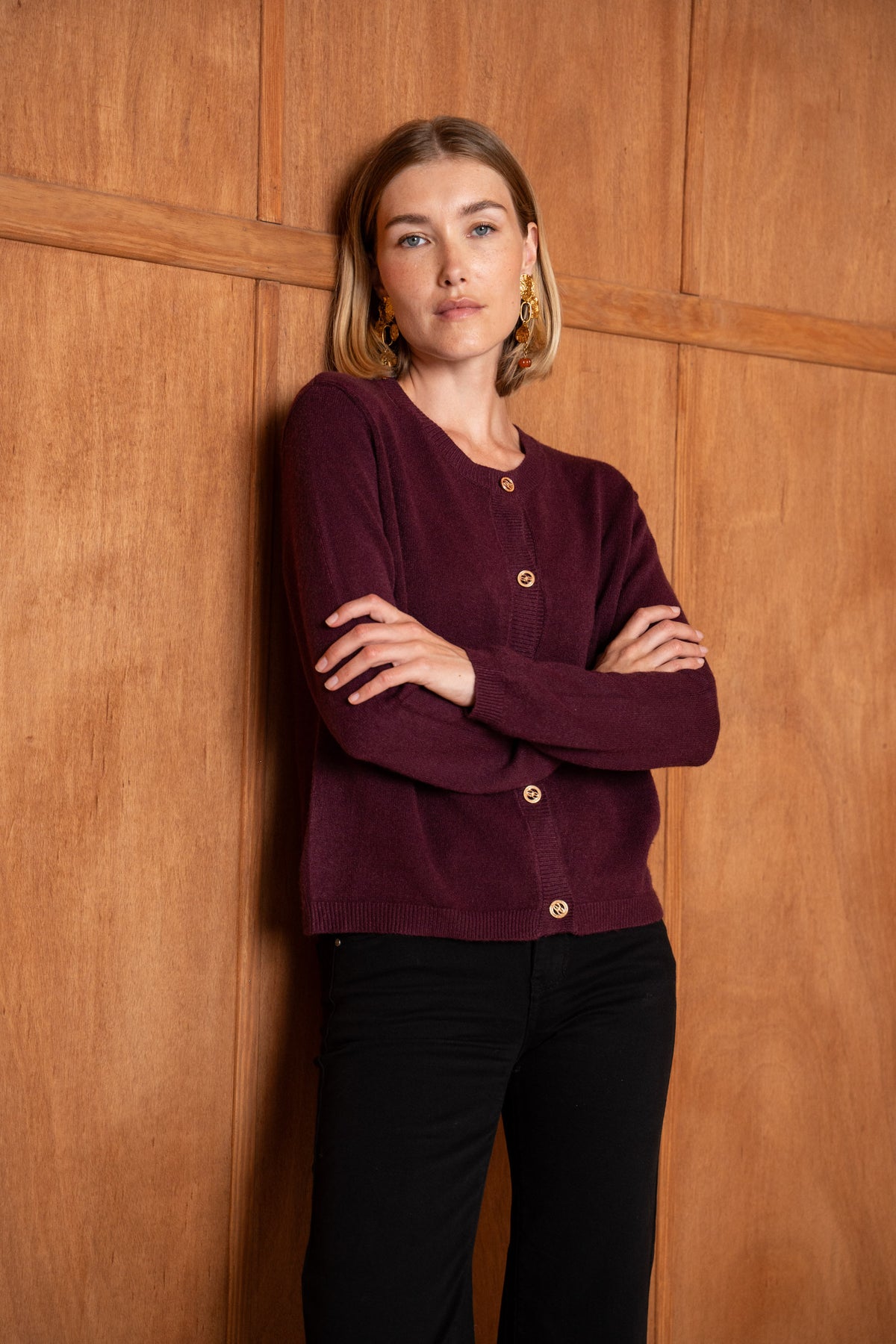 Ashley burgundy gold button cardigan