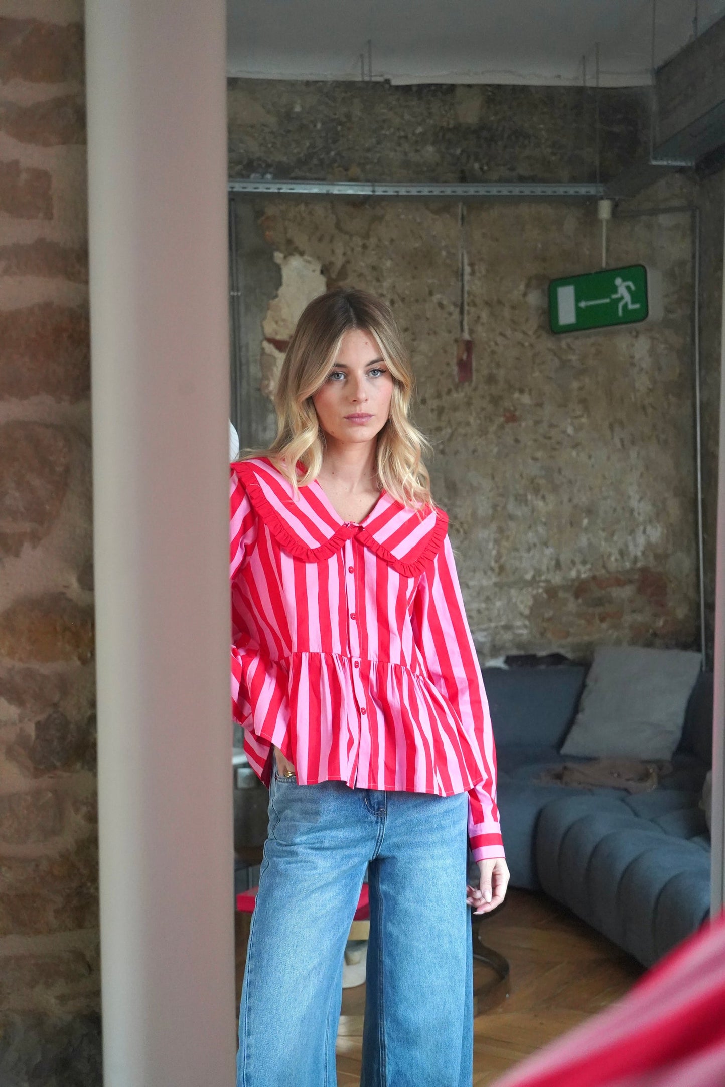 Beth pink & red stripe peplum shirt
