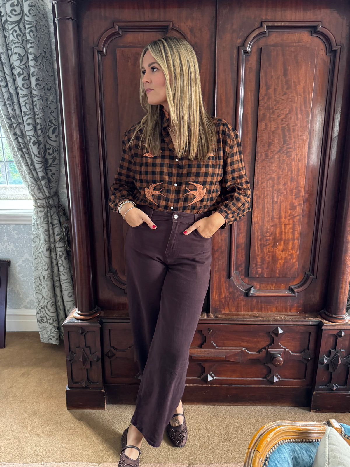 Kim swallow print check blouse