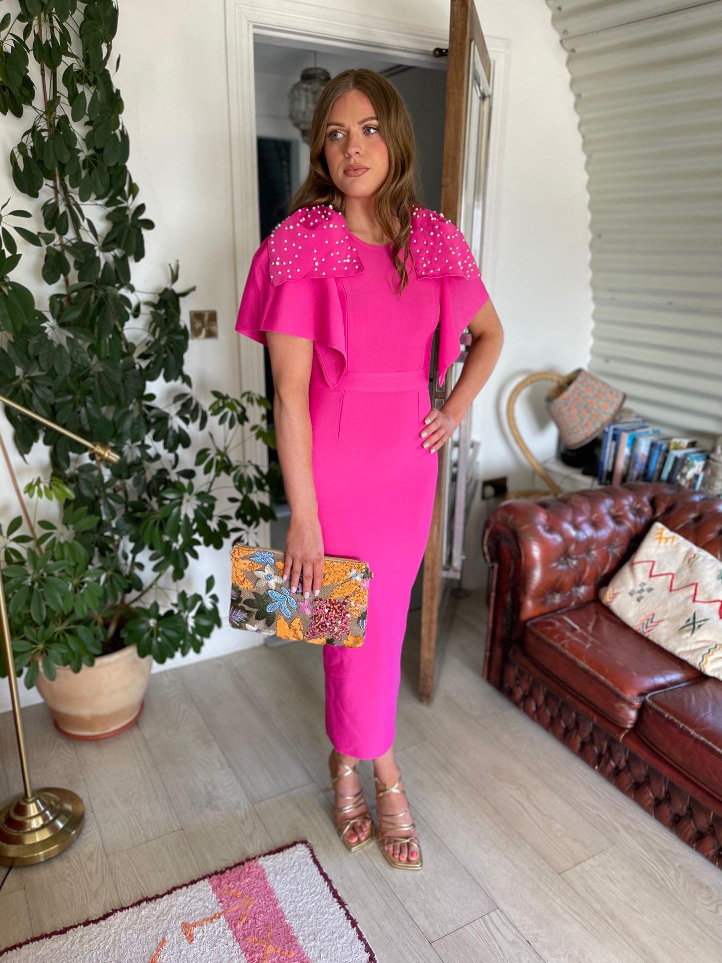 Allina fuschia pink dress with pearl sleeves