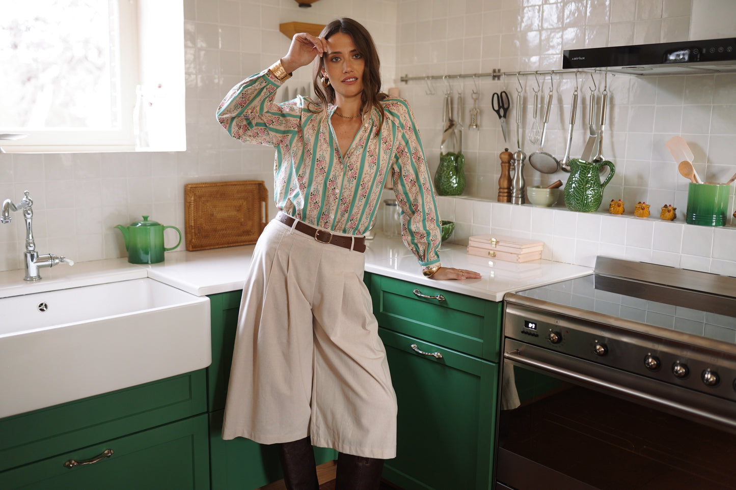 Zoe green stripe floral boho blouse