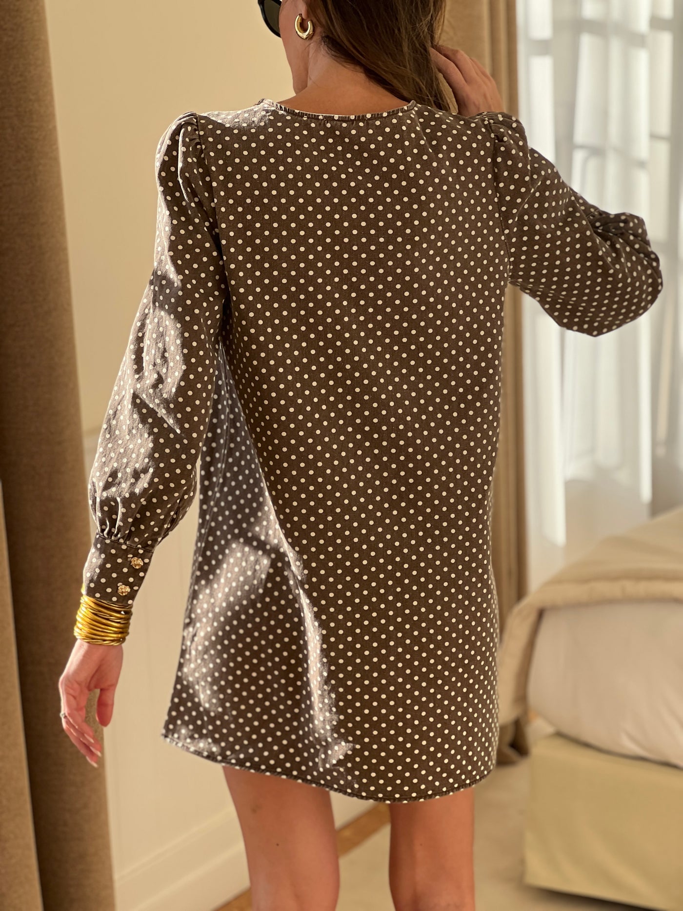 Celestine brown polka dot denim dress