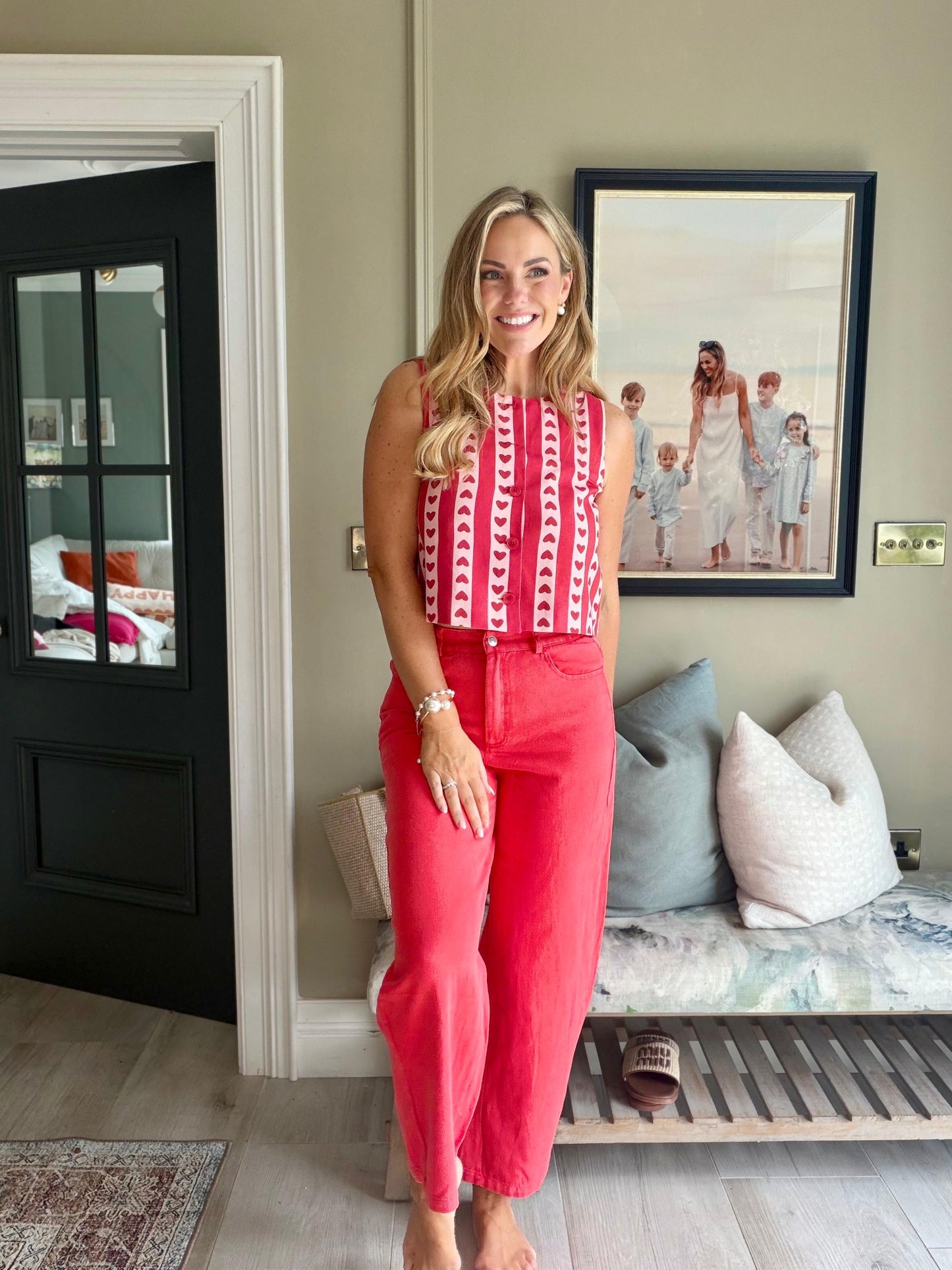 Maggie pink heart print red denim top