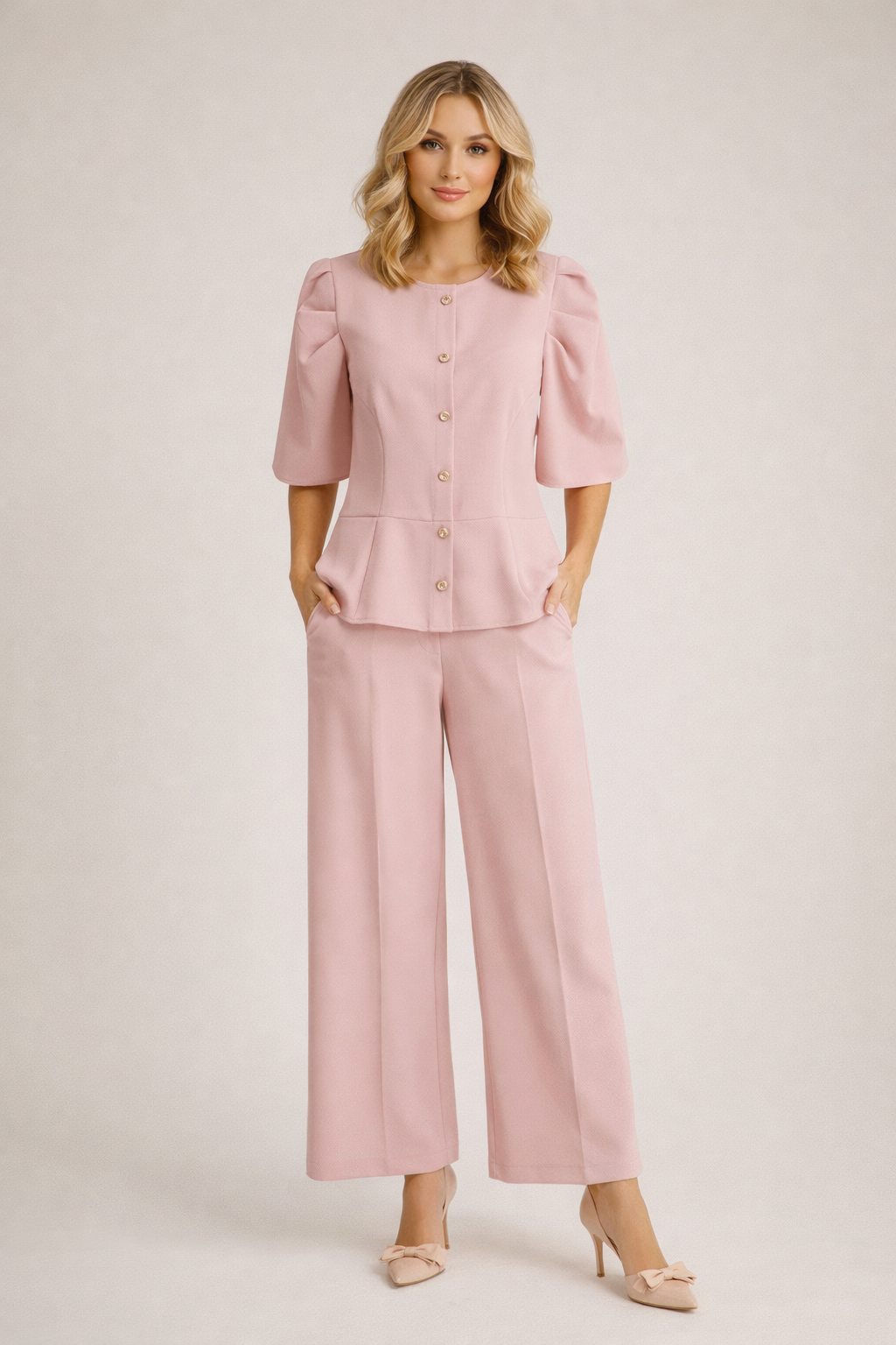 Lucy powder pink gold button peplum top