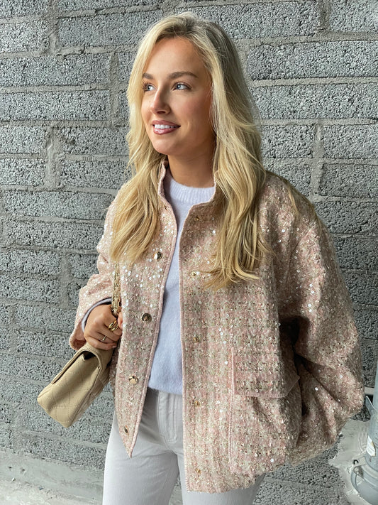 Olivia pink tweed sequin bomber