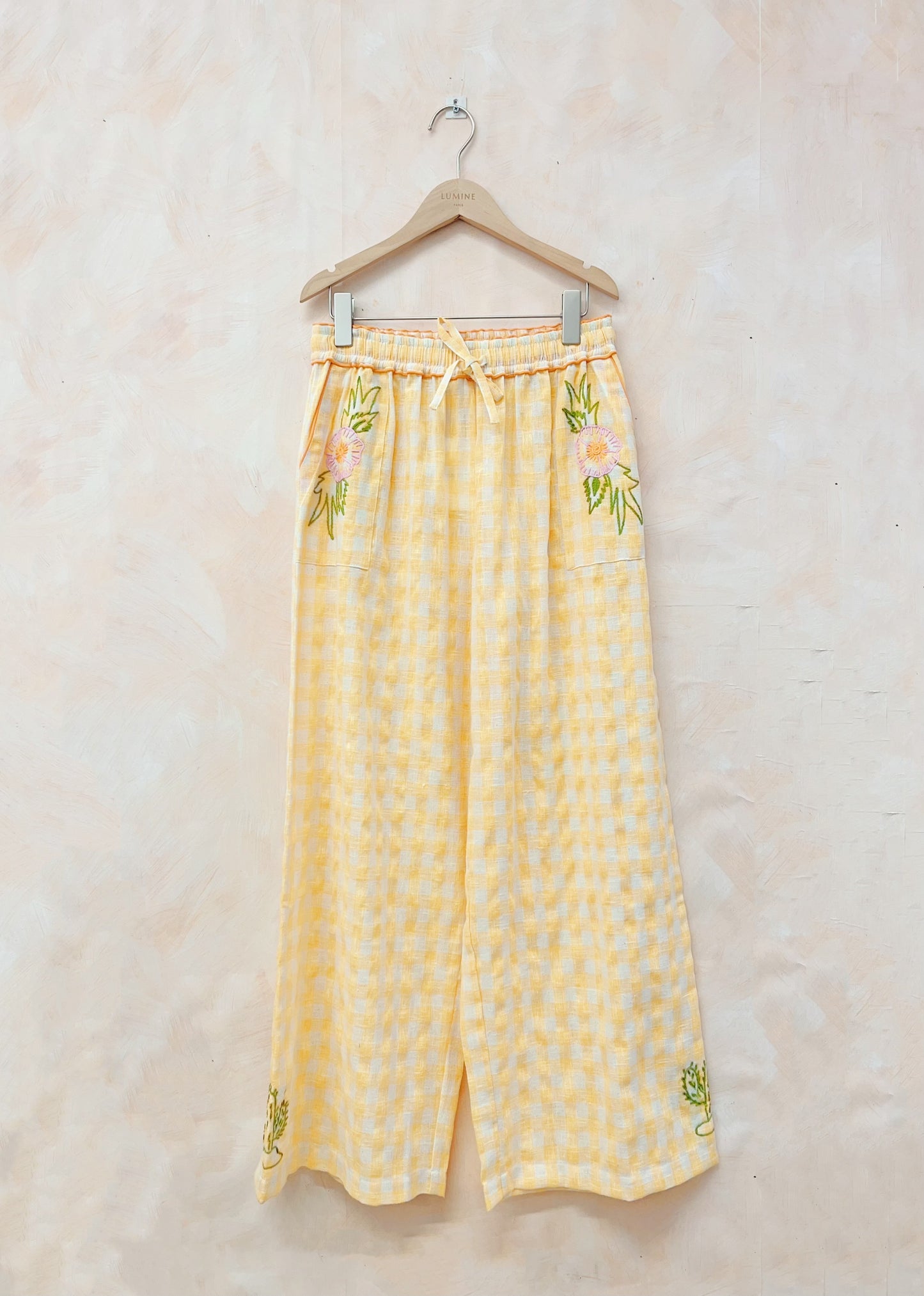 Mila yellow gingham floral embroidered pants