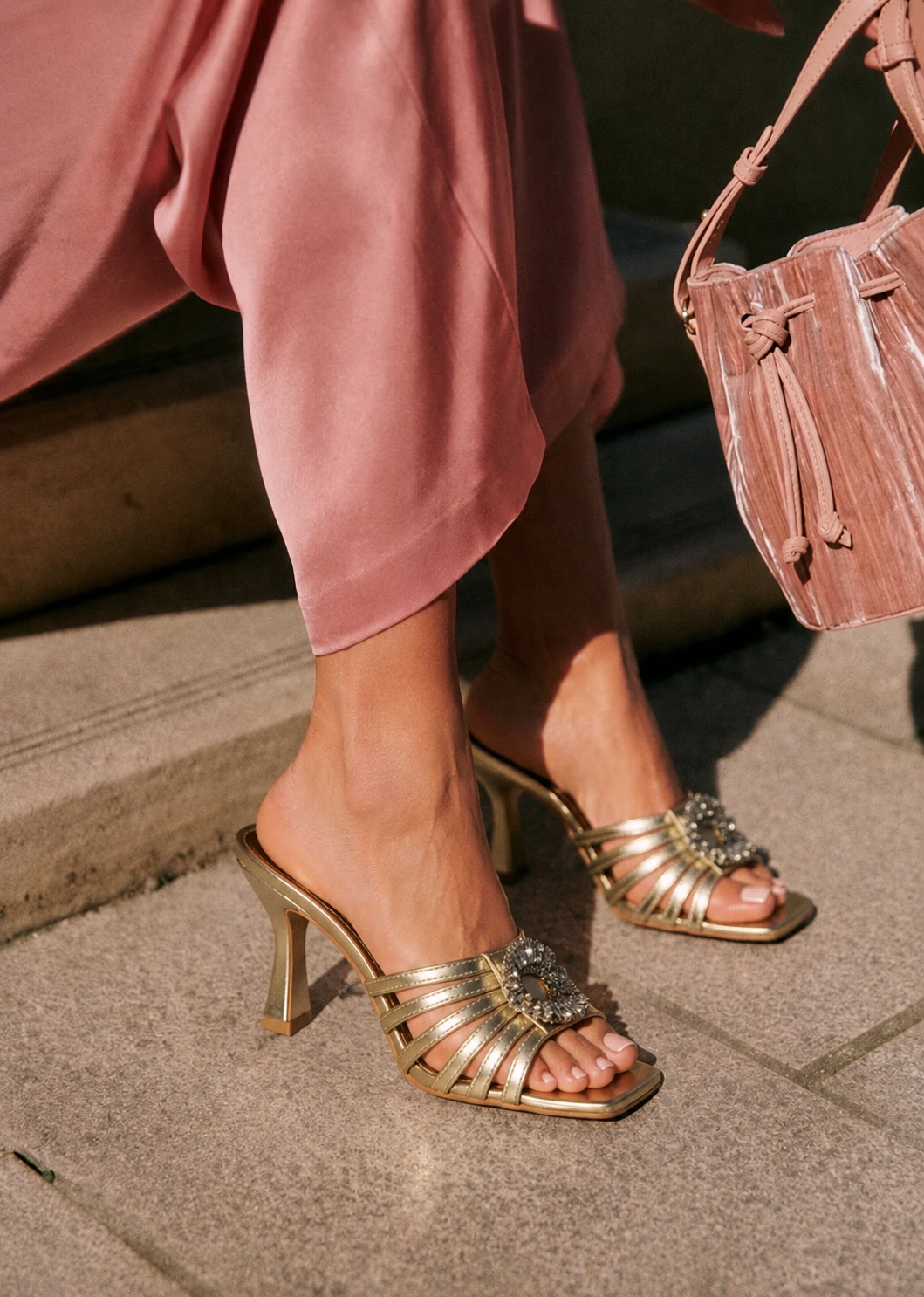 Gold embellished mid heel shoes