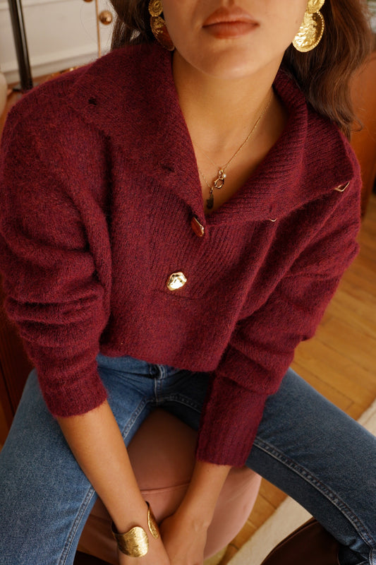 Amelia burgundy gold button polo neck jumper