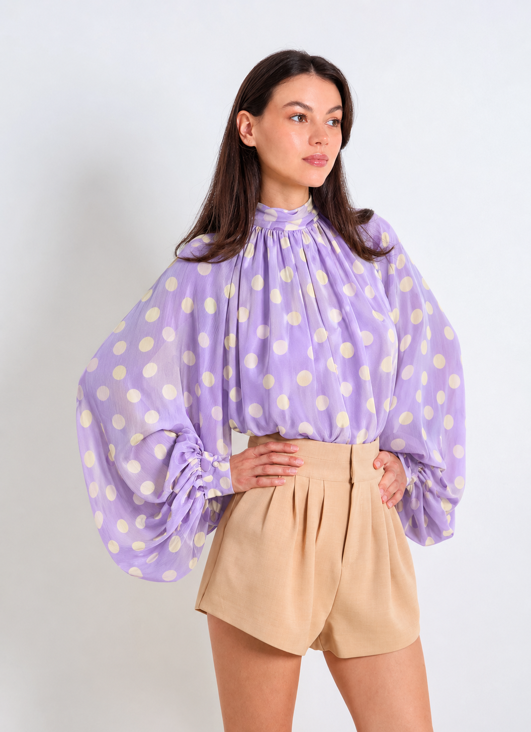 Lilac polka dot balloon sleeve top