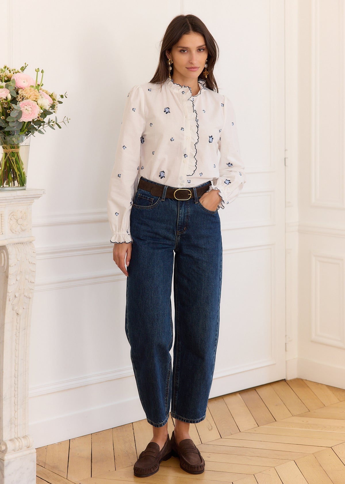 Poppy blue trim white floral blouse