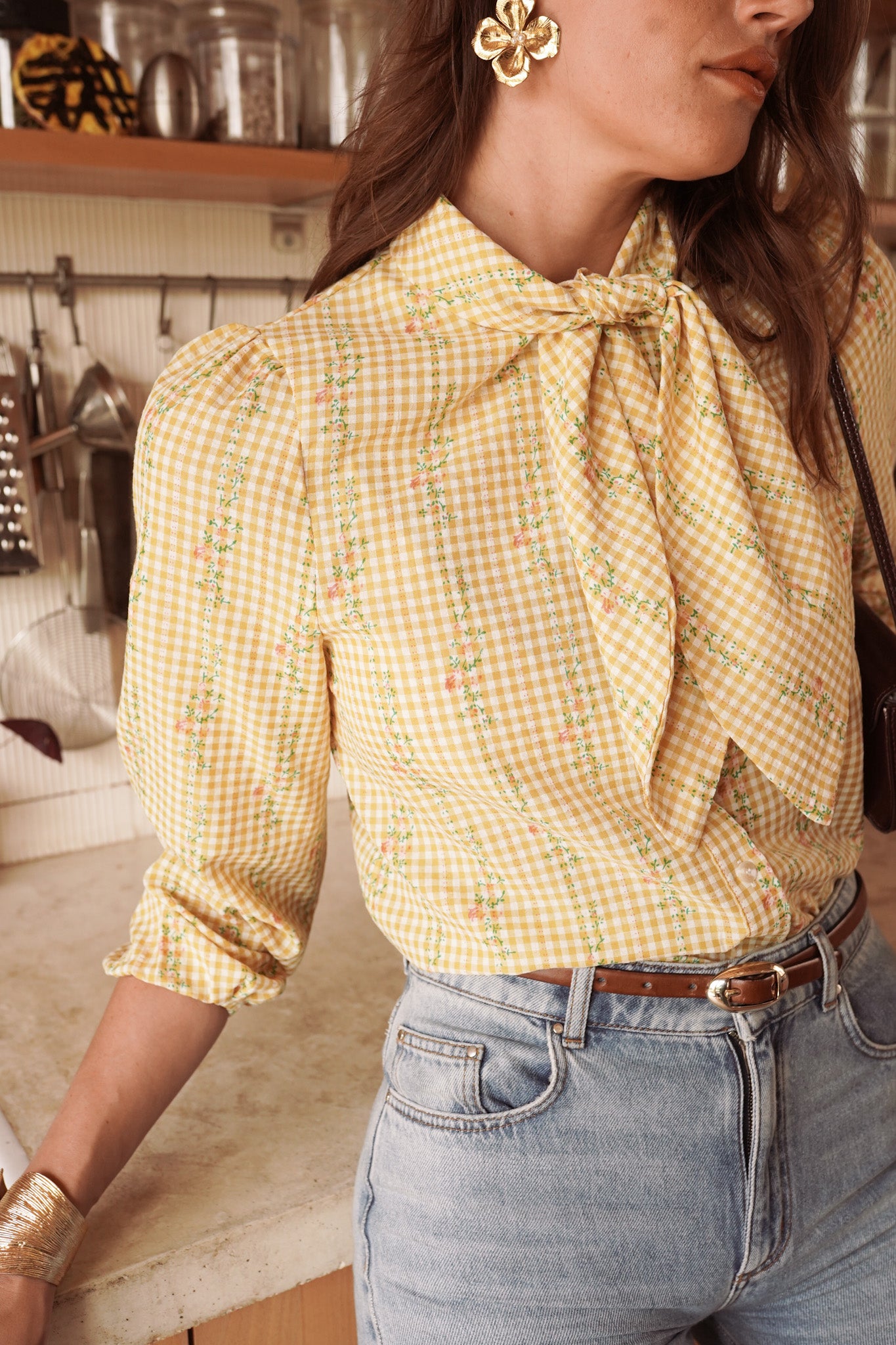 Maisie yellow bow tie gingham blouse