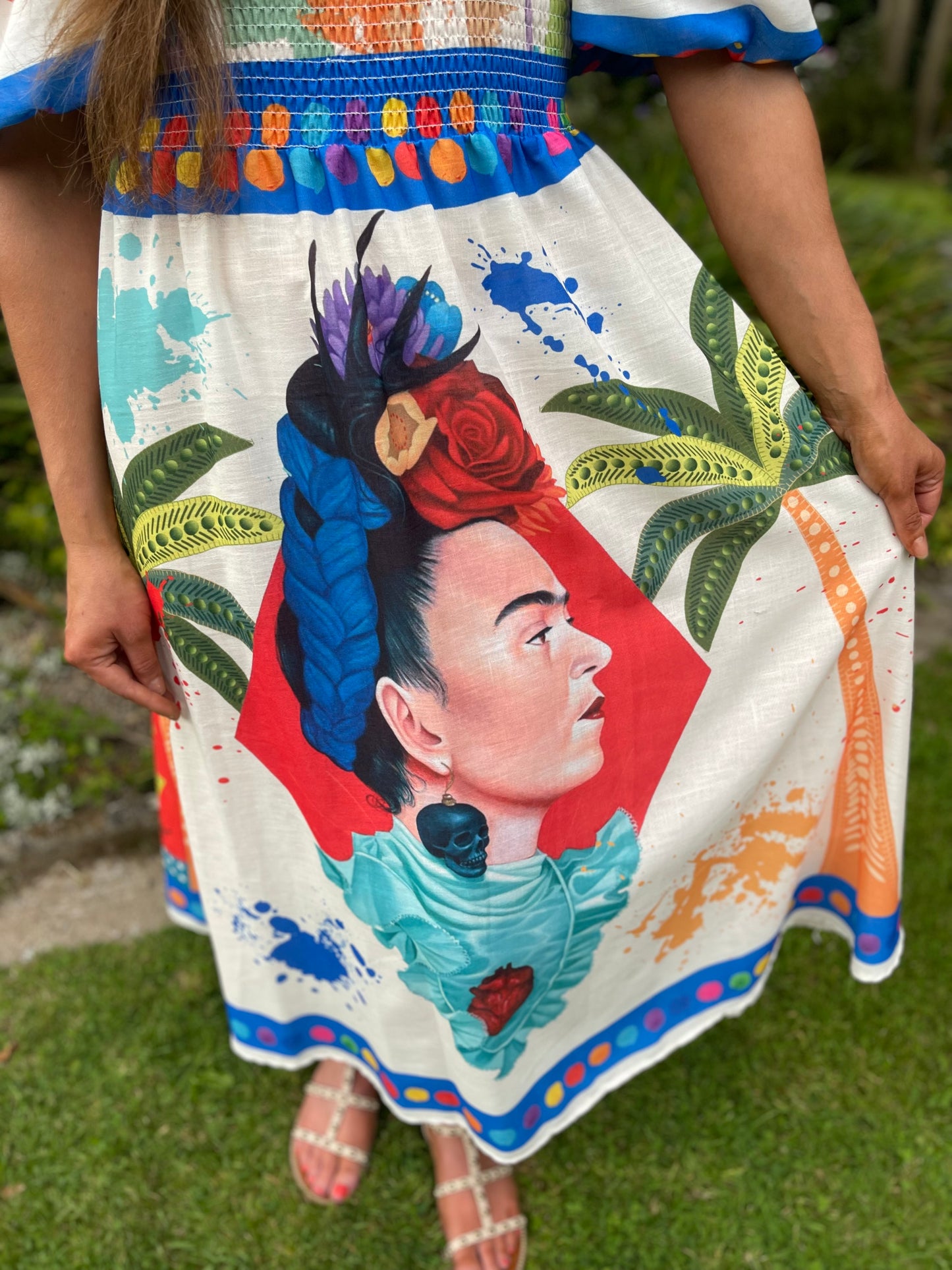 Puff sleeve punk print abstract dress