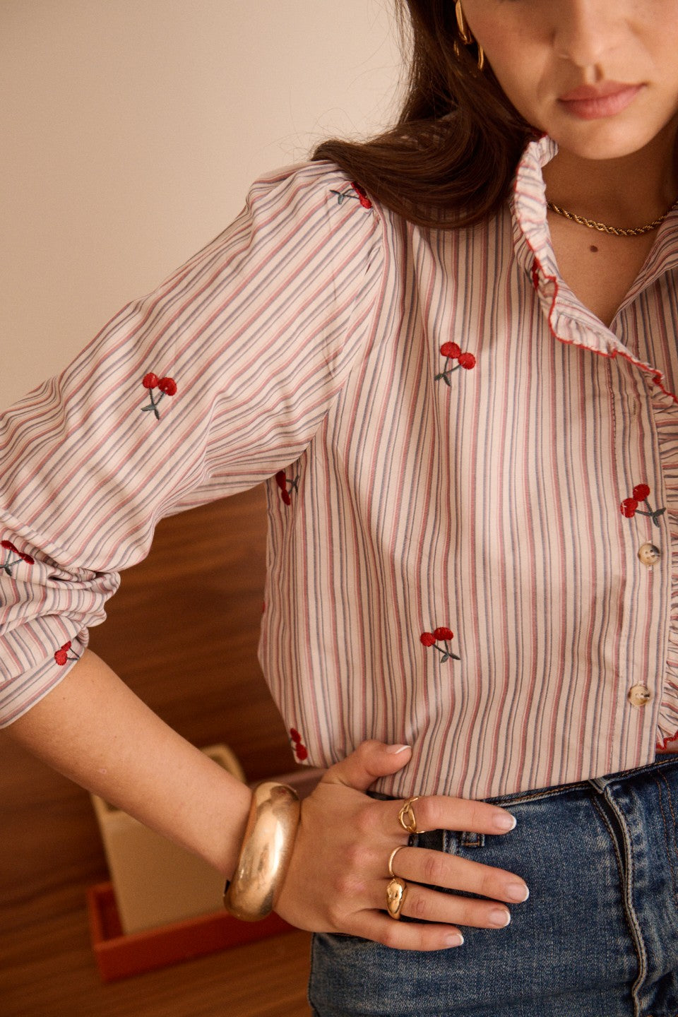 Collette cherry print stripe blouse