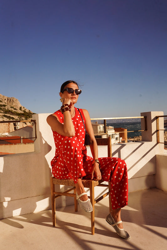 June red polka dot trousers