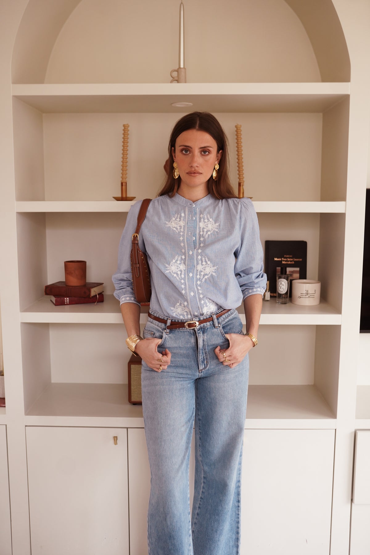 Tara blue striped embroidered blouse