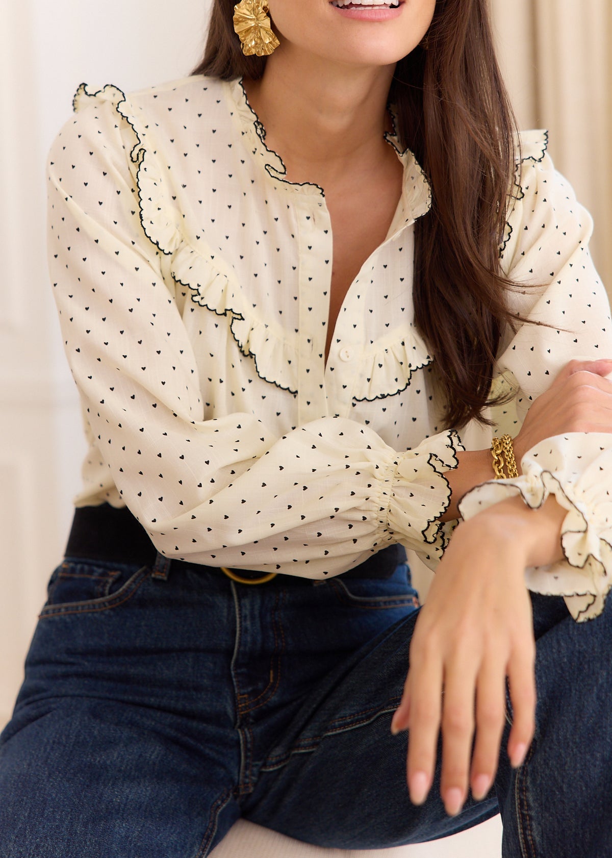 Sienna polka dot ruffle trim blouse