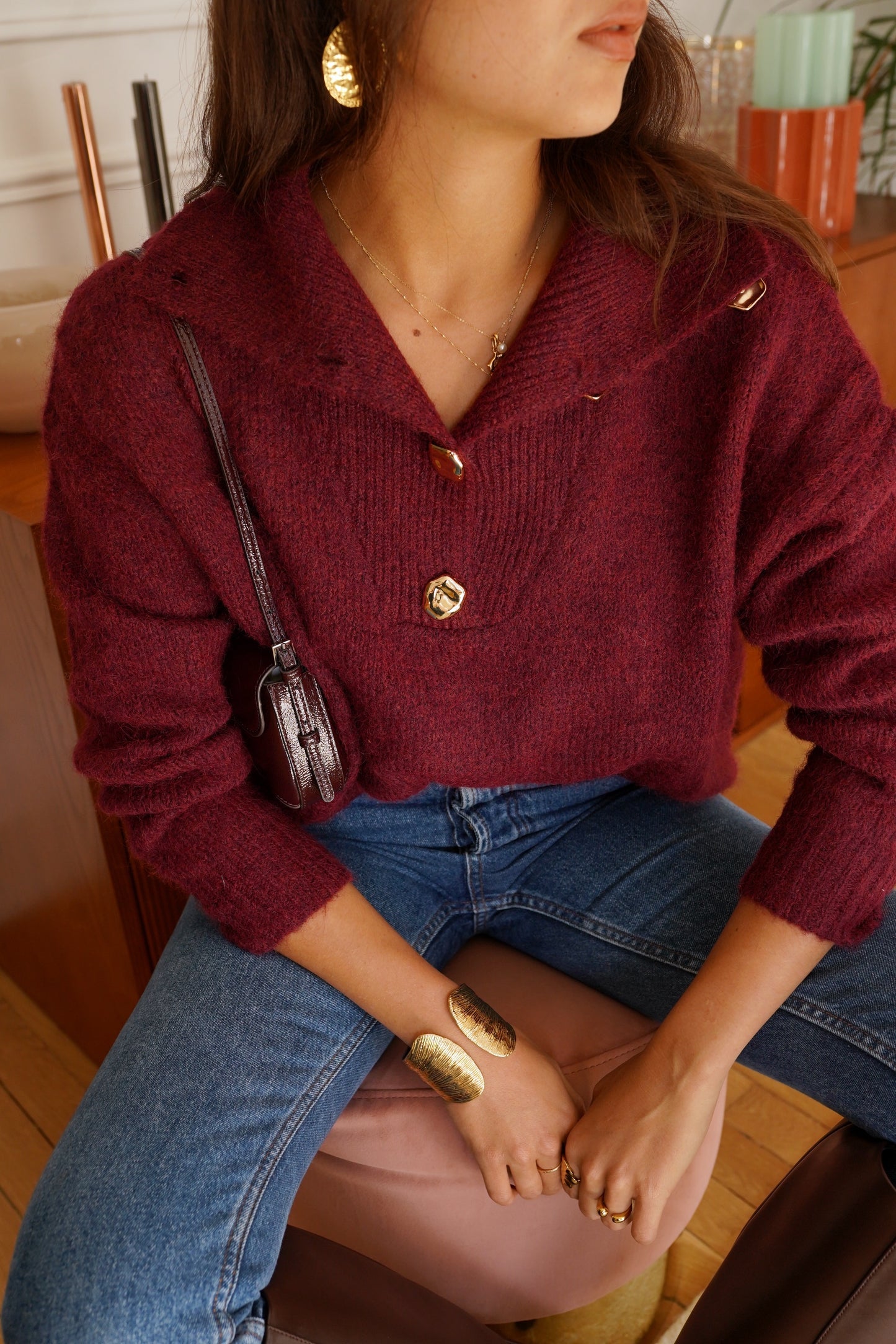 Amelia burgundy gold button polo neck jumper